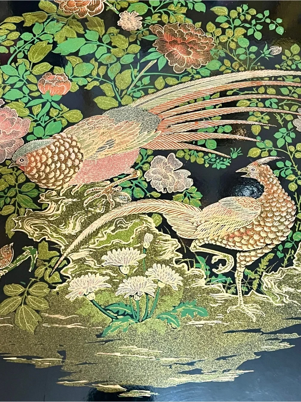 Vintage Japanese Black Lacquer Serving Tray – Peacock & Floral Design – 14” – Ma
